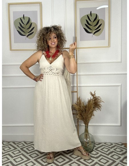 Vestido lino crochet borlas
