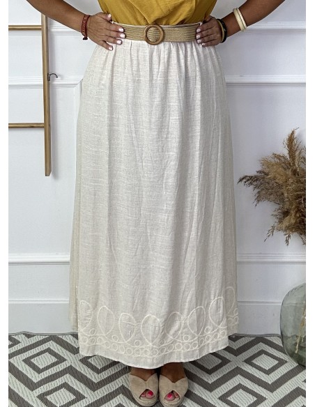 Falda lino+cinturon rafia