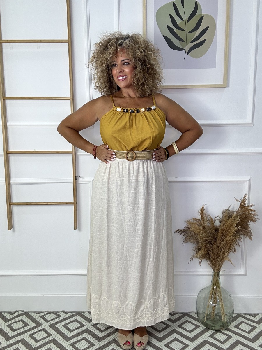 Falda lino+cinturon rafia